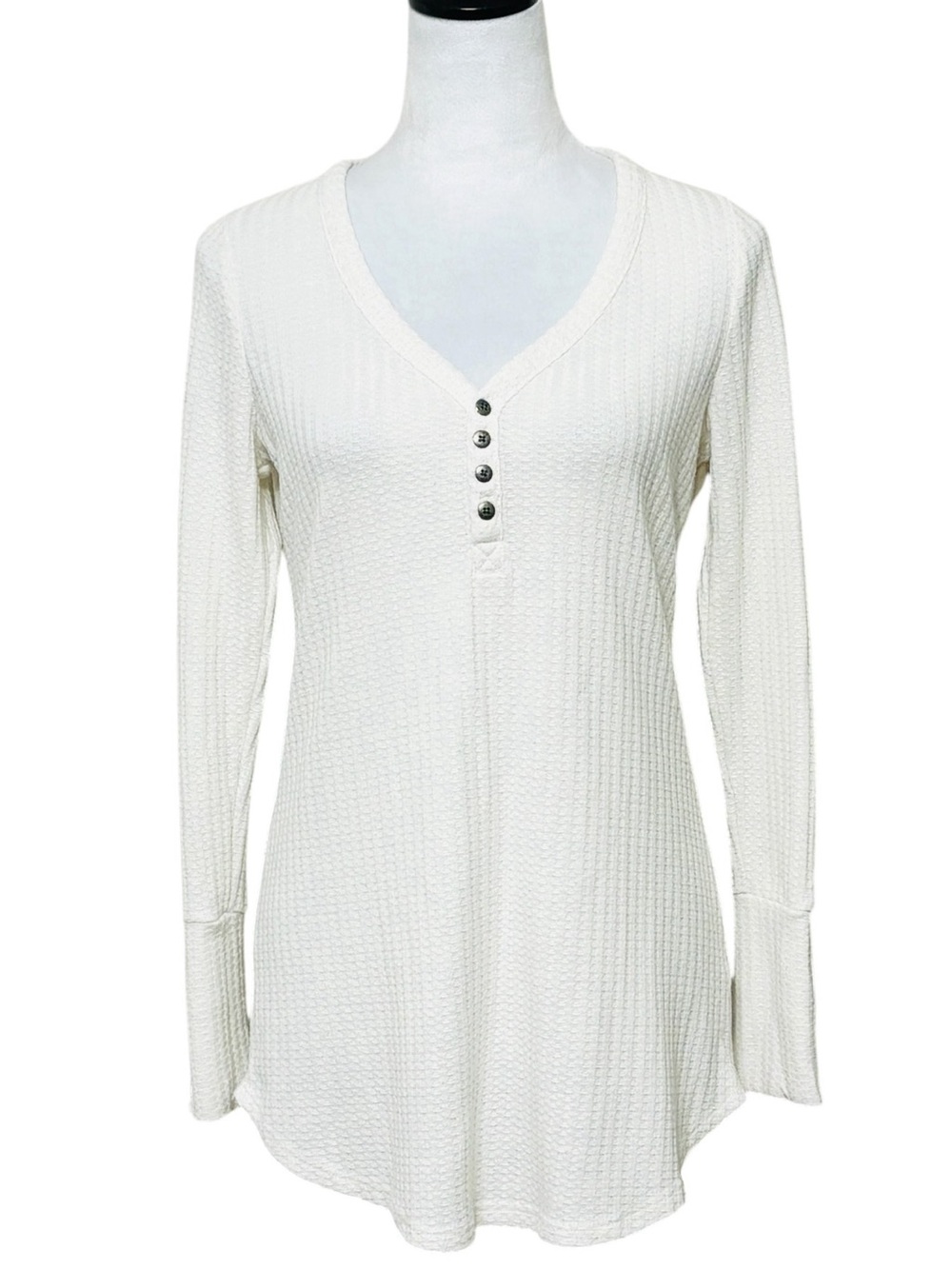 Chaser Ivory Waffle Knit Henley Tunic Top Womens Size Medium Long Sleeve